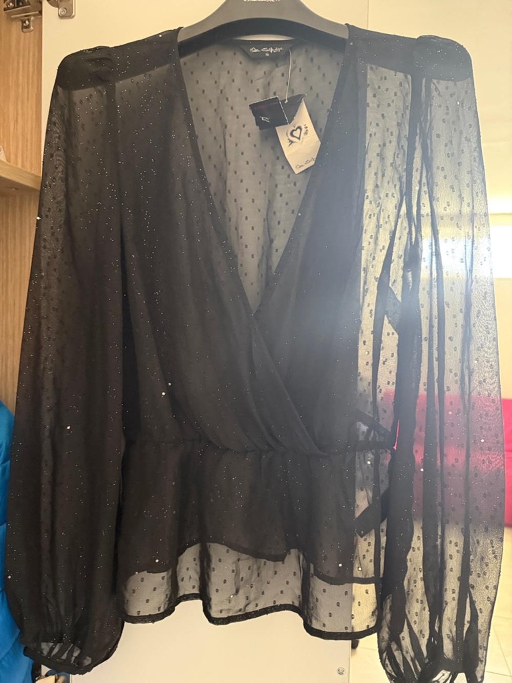 Miss Selfridge Black Sheer Wrap Blouse with Sparkle Dots